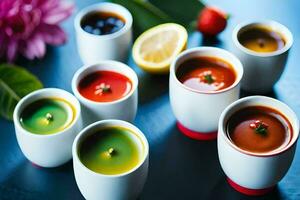 une groupe de tasses avec différent coloré liquides. généré par ai photo