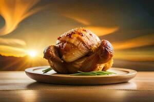 une poulet sur une assiette avec le Soleil réglage dans le Contexte. généré par ai photo