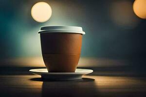 une café tasse séance sur une soucoupe sur une tableau. généré par ai photo