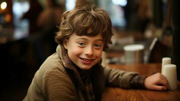 portrait de une peu garçon avec syndrome vers le bas séance dans une café et souriant. photo