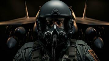 portrait de une homme dans une jet costume. militaire thème. photo