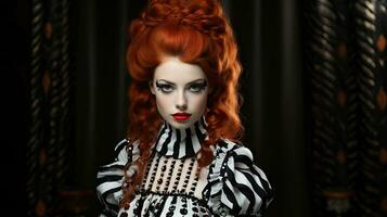 à la mode et terrifiant Jeune femme avec rouge cheveux dans noir et blanc robe. photo