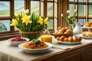 une table avec nourriture et fleurs sur il. généré par ai photo