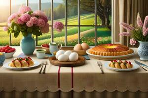 une table ensemble avec nourriture et fleurs. généré par ai photo