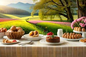 une table avec nourriture et fleurs dans de face de une champ. généré par ai photo