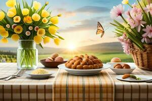 Pâques table réglage avec fleurs et aliments. généré par ai photo
