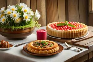 une table avec deux assiettes de nourriture et fleurs. généré par ai photo