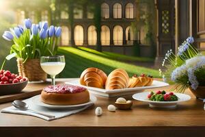 une table avec nourriture et fleurs sur il. généré par ai photo