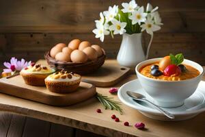 une bol de soupe, petits gâteaux et une panier de fleurs. généré par ai photo