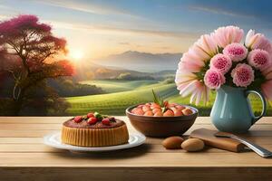 gâteau et fleurs sur table avec montagnes dans le Contexte. généré par ai photo