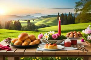 une table avec pain, Gâteaux et autre nourriture sur il. généré par ai photo