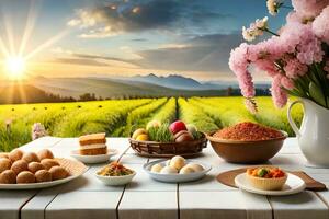 une table avec nourriture et fleurs sur il dans de face de une champ. généré par ai photo