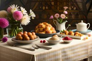 une table avec fleurs et nourriture sur il. généré par ai photo