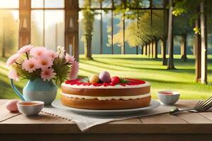 une gâteau sur une table avec fleurs et une tasse de thé. généré par ai photo