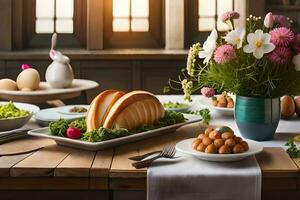 une table avec une Turquie, œufs, et fleurs. généré par ai photo