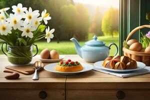 Pâques petit déjeuner dans le campagne. généré par ai photo