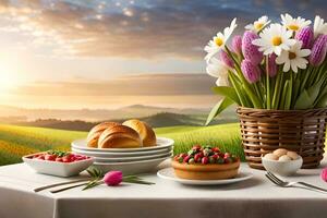 une table avec une panier de fleurs, pain et une assiette de des œufs. généré par ai photo