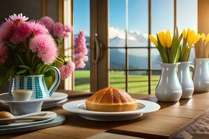 une table avec une gâteau et fleurs sur il. généré par ai photo