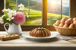 une table avec une gâteau, des œufs et fleurs. généré par ai photo