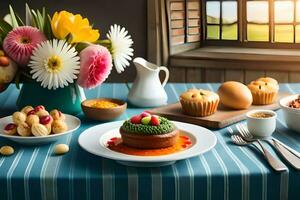 une table avec une variété de nourriture et fleurs. généré par ai photo