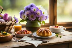 Pâques petit déjeuner avec fleurs et Gâteaux. généré par ai photo