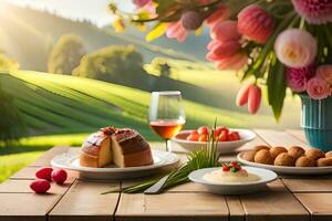 une table avec nourriture et fleurs sur il. généré par ai photo