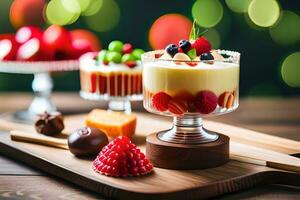 desserts dans verre boules avec fruit sur une en bois tableau. généré par ai photo