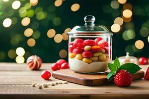 rouge et blanc des sucreries dans une verre pot sur une en bois table avec Noël lumières. généré par ai photo