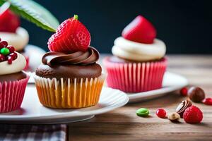 Trois petits gâteaux avec Chocolat Glaçage et des fraises. généré par ai photo