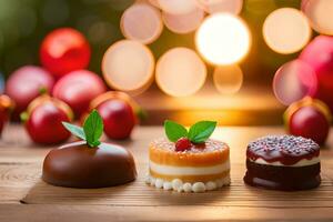 Trois différent les types de desserts sur une en bois tableau. généré par ai photo