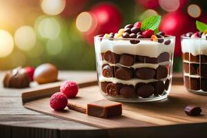 deux des lunettes de Chocolat pudding avec Chocolat puces. généré par ai photo