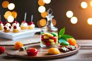 une table avec une verre pot rempli avec bonbons et autre bonbons. généré par ai photo