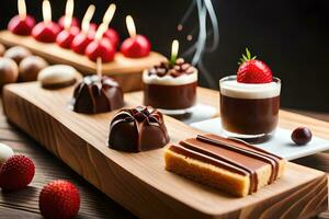 Chocolat desserts sur en bois plateau avec bougies. généré par ai photo