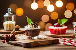 Noël dessert avec Chocolat et Cerise sur en bois tableau. généré par ai photo