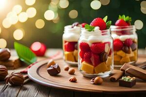 des fraises et Chocolat dans verre pots sur une en bois tableau. généré par ai photo