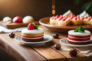 Trois Gâteaux sur en bois assiettes avec des fraises et Chocolat. généré par ai photo