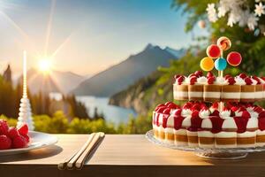 une gâteau avec baies et crème sur une tableau. généré par ai photo