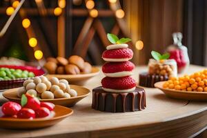 une table avec divers desserts et des noisettes. généré par ai photo