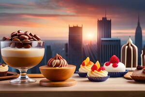 divers desserts sont sur une table avec paysage urbain dans le Contexte. généré par ai photo