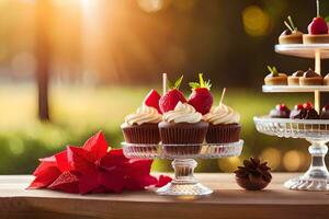 une table avec petits gâteaux et des fraises sur il. généré par ai photo