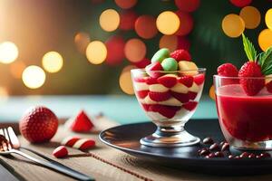 deux desserts avec des fraises et framboises sur une plaque. généré par ai photo