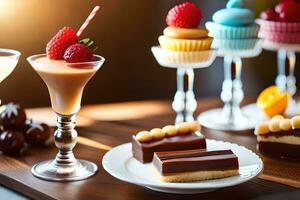 divers desserts et les boissons sur une tableau. généré par ai photo