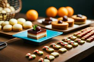 une table avec divers desserts et fruit. généré par ai photo