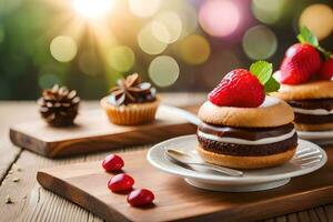 deux Chocolat gâteau avec des fraises sur Haut. généré par ai photo