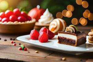 une dessert sur une assiette avec une tasse de café. généré par ai photo