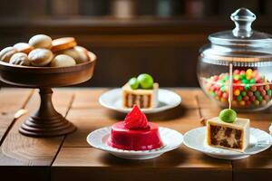 divers desserts sur assiettes et une pot de bonbons. généré par ai photo