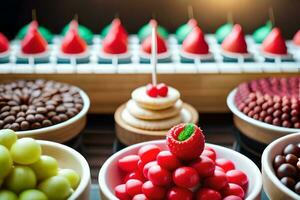 une table avec beaucoup différent les types de bonbons. généré par ai photo