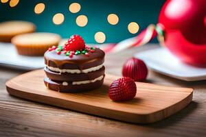 une Chocolat gâteau avec une fraise sur Haut. généré par ai photo