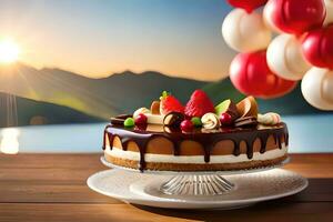 une gâteau avec Chocolat et fruit sur Haut de une tableau. généré par ai photo