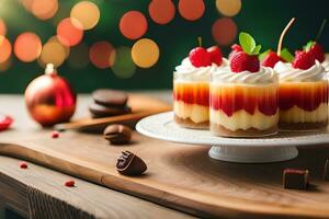 Noël dessert avec des fraises et crème sur une en bois tableau. généré par ai photo